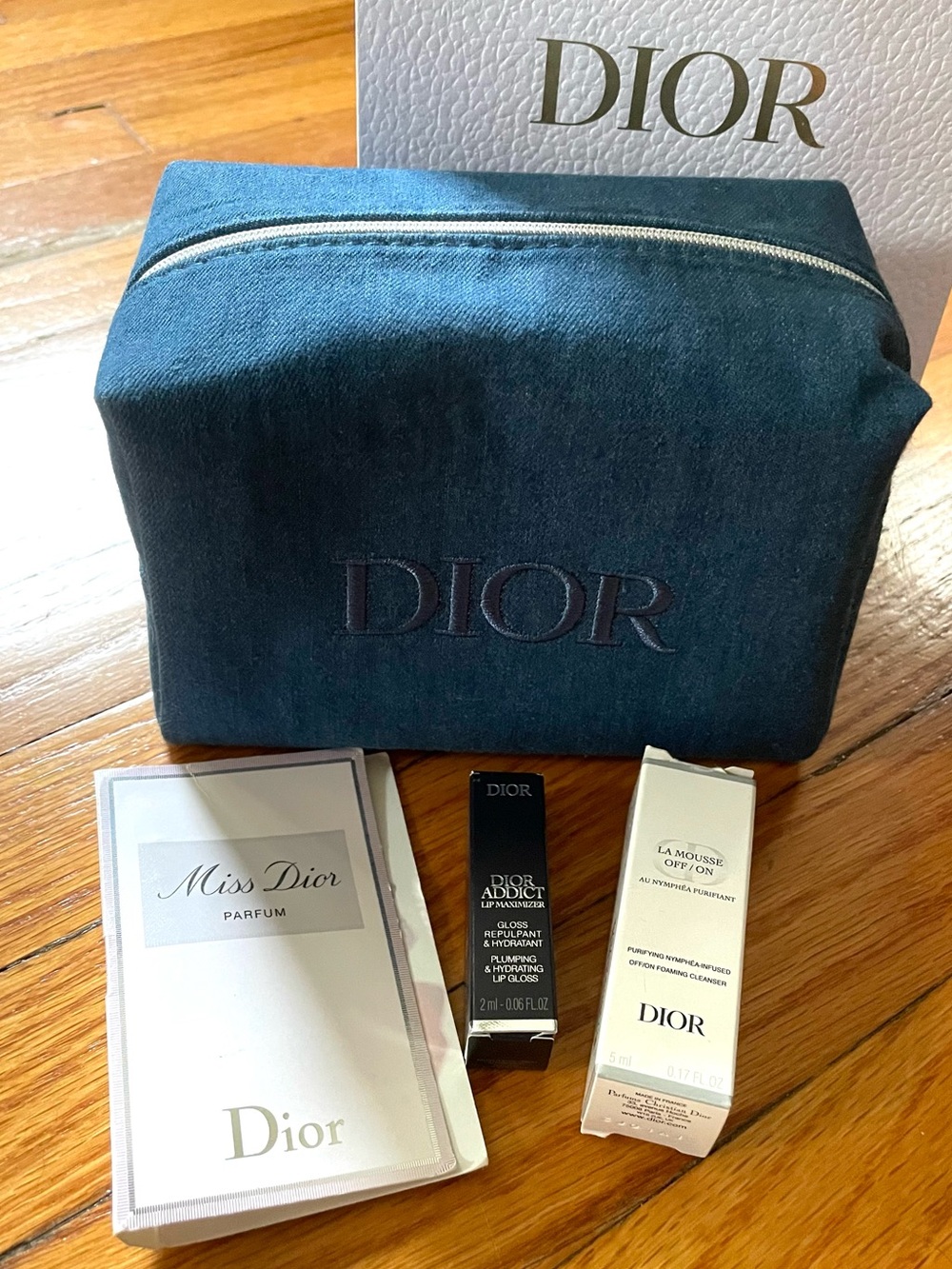 NWT Dior Denim Embroidered Cosmetic Pouch with Dior Skincare Samples
